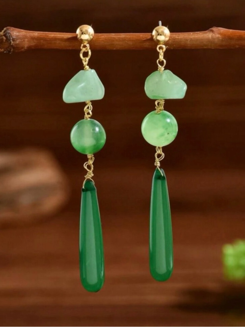 14K Gold Womens 3" Long Green Jade Hanging Drop Earrings New 14 K Silver Jewelry